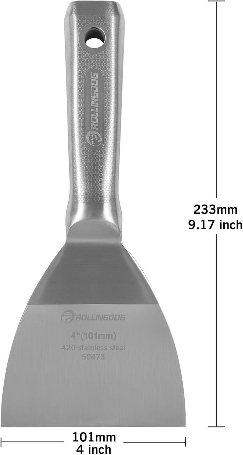Rolling Dog 4 inch Putty Knife - Paint Scraper Drywall Knife with 420 Stainless Steel One Piece irror Polished Blade for Scraping Paint, Taping - Image 2